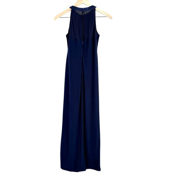 Lauren Ralph Lauren Navy Blue Halter Formal Gown Ruched Maxi Dress Front Slit 0P - Picture 8 of 9